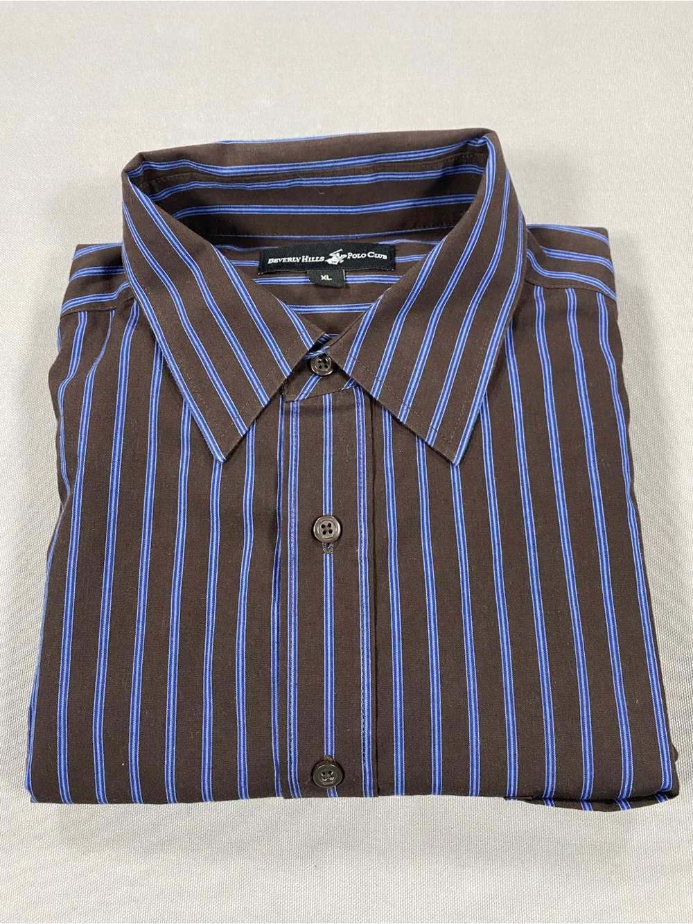Beverly Hills Polo Club Long Sleeve Brown Shirt with Blue Stripes